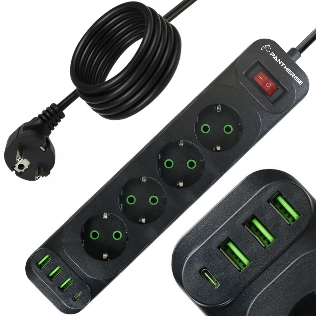 Pantherise Steckdosenleiste 4 Steckdosen 3x USB-A 1x USB-C Kabel 5m