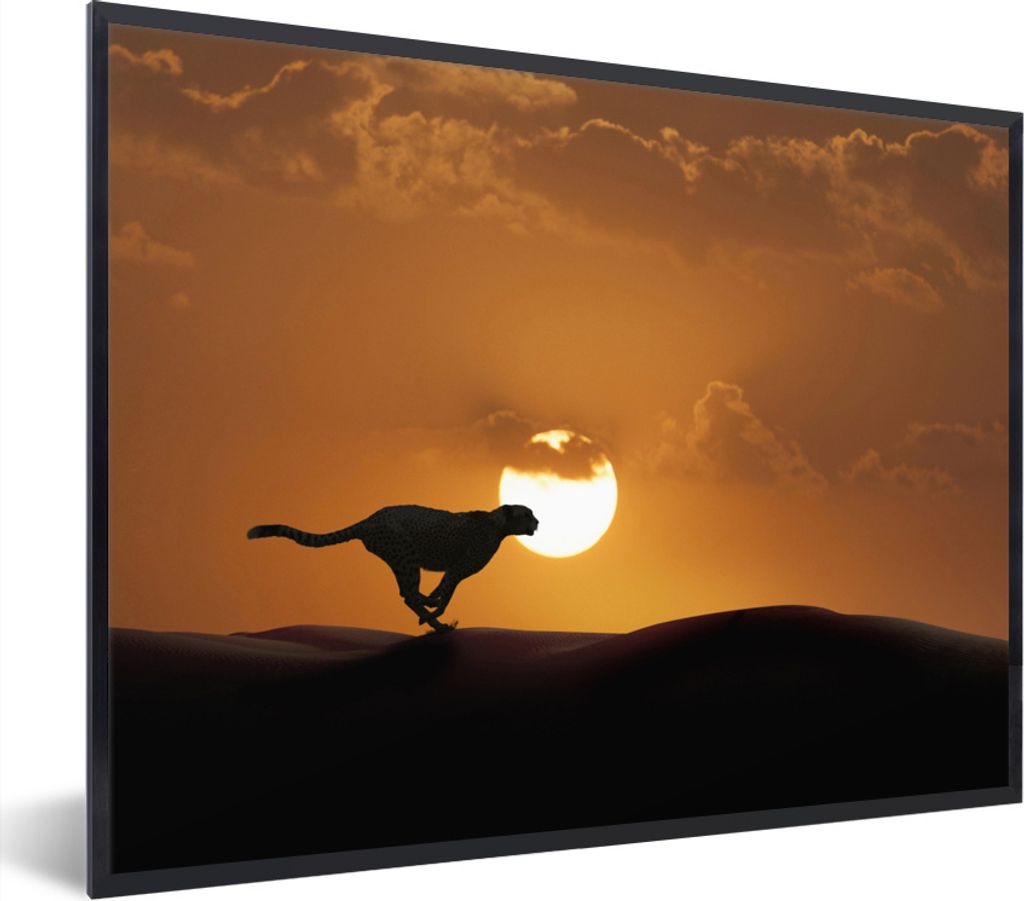 MuchoWow Gerahmtes Poster Silhouette eines Geparden in der Wüste 40x30 cm - Poster mit Schwarzem Bilderrahmen Wandposter Rahmen Foto Bilder - Ku...