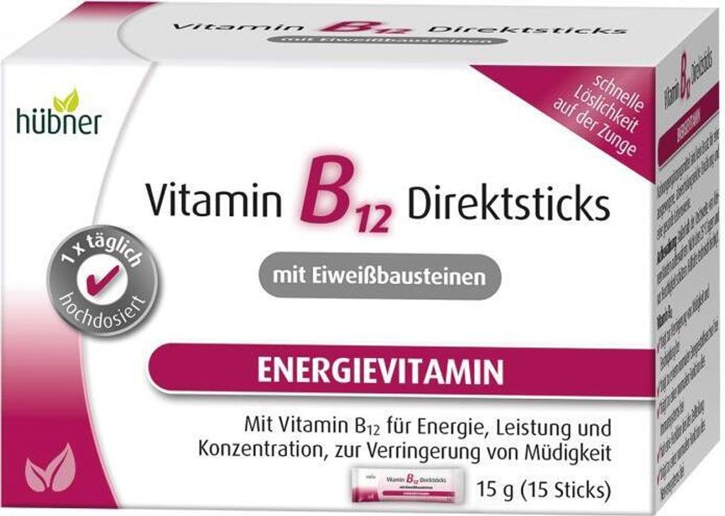 Hübner Vitamin B12 Direktsticks | 15g | 15 Direktsticks | Energie und Konzentration | Vegan | Praktisch für unterwegs