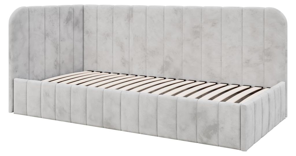Jugendbett Mario 100x200 cm, Polsterbetten mit Bettkasten, Moderner Riviera-Stoff, Grau, Links