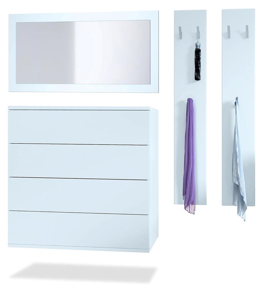 Garderoben-Set Hollywood, bestehend aus 1 Kommode mit 4 Schubladen, 1 Spiegel und 1 Wandpaneel-Set, Weiß matt/Weiß matt
