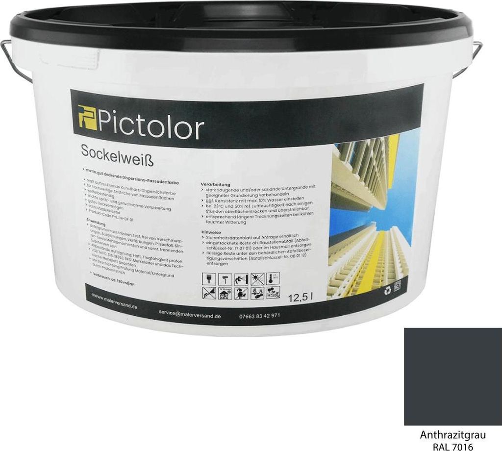 Pictolor Sockelweiß Reinacryl-Fassadenfarbe12,5 Liter RAL 7016 - Anthrazitgrau