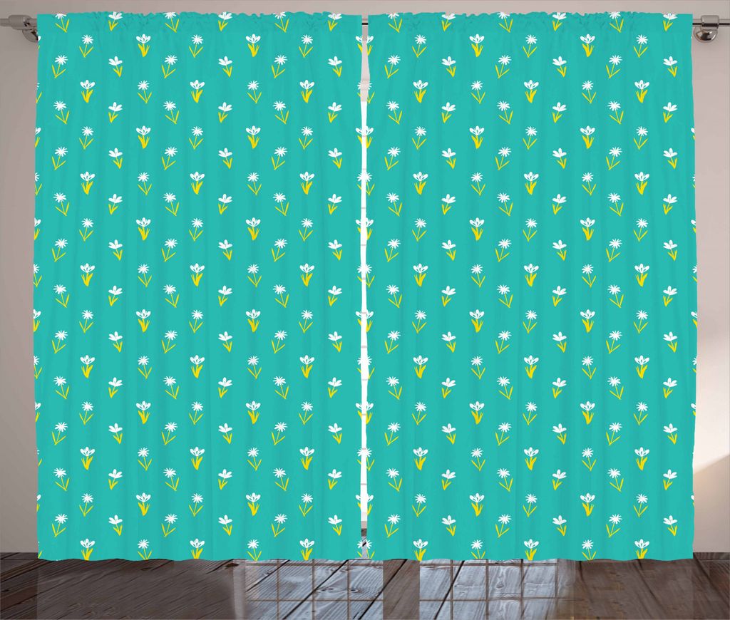 ABAKUHAUS Blumen Rustikaler Vorhang, Kritzelte Primitive Blumen, Wohnzimmer Universalband Gardinen mit Schlaufen und Haken, 280 x 245 cm, Türkis Gelb