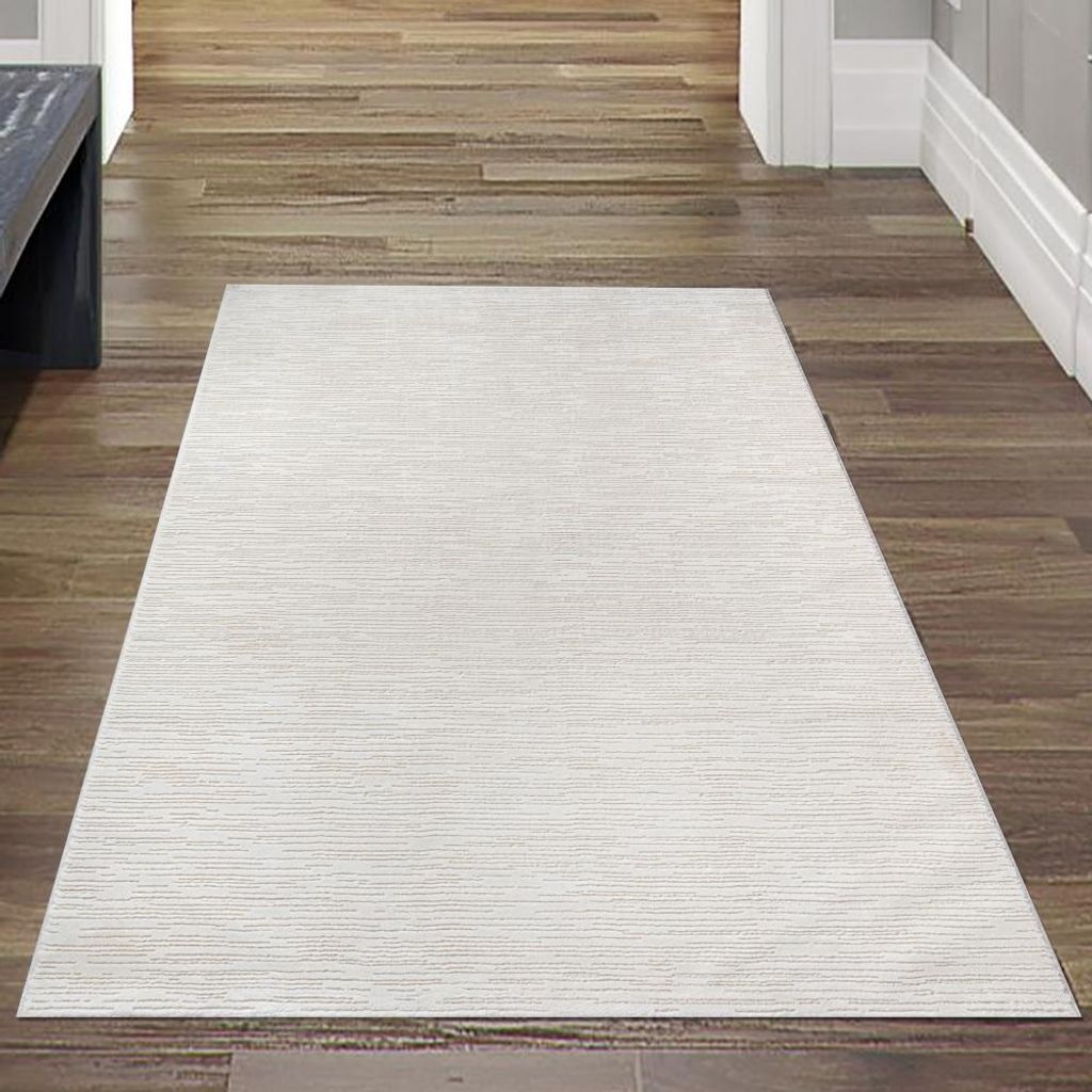 Moderner Teppich mit feiner Struktur und elegantem Liniendesign in Creme Größe - 80 x 300 cm