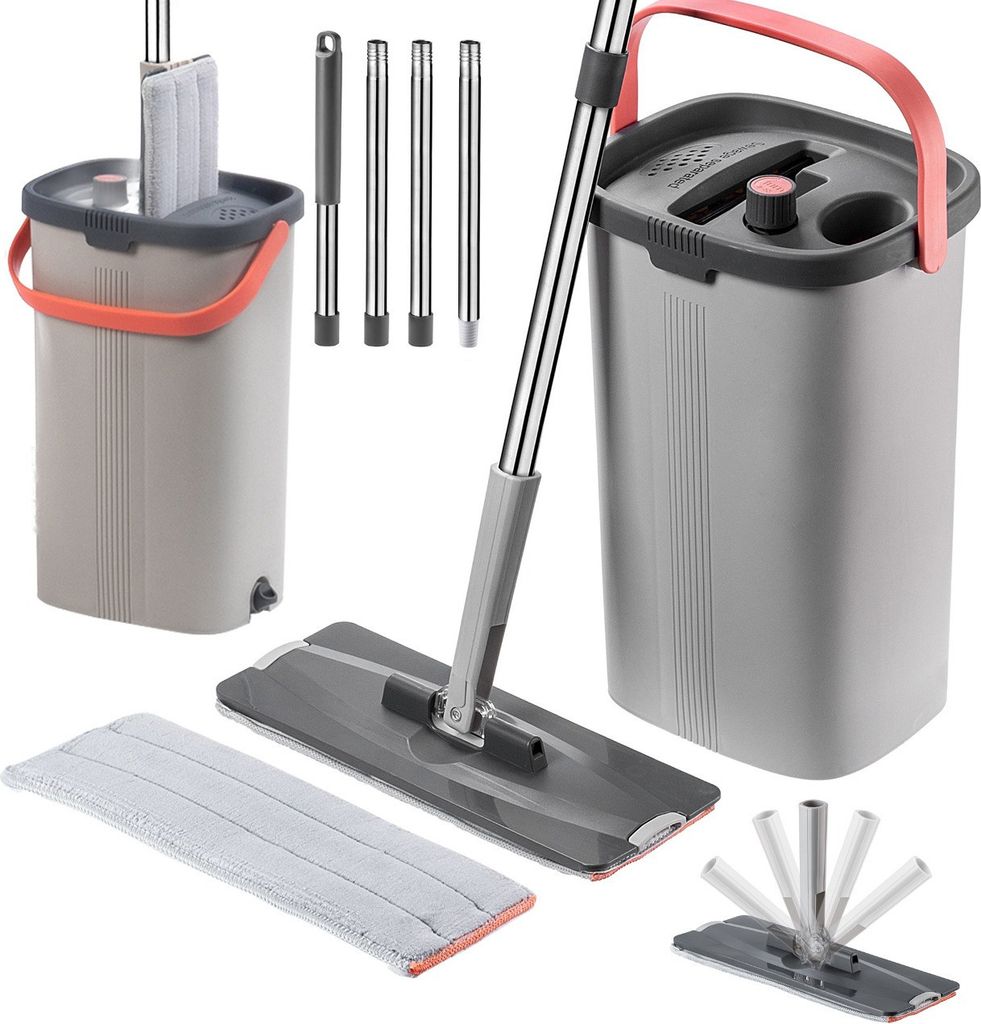 KADAX Flachmopp mit Wringer, Zweikammereimer, Wasserabscheidung + 2 Einsätze