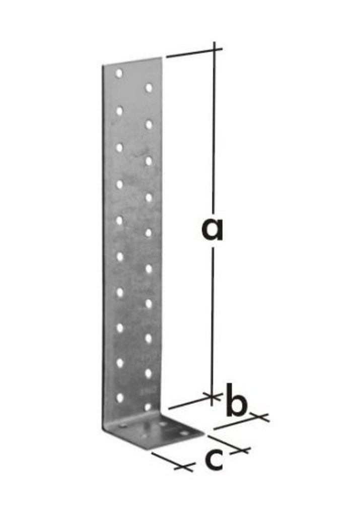 An L-shaped metal bracket with multiple holes, with dimensions labeled a, b, and c.