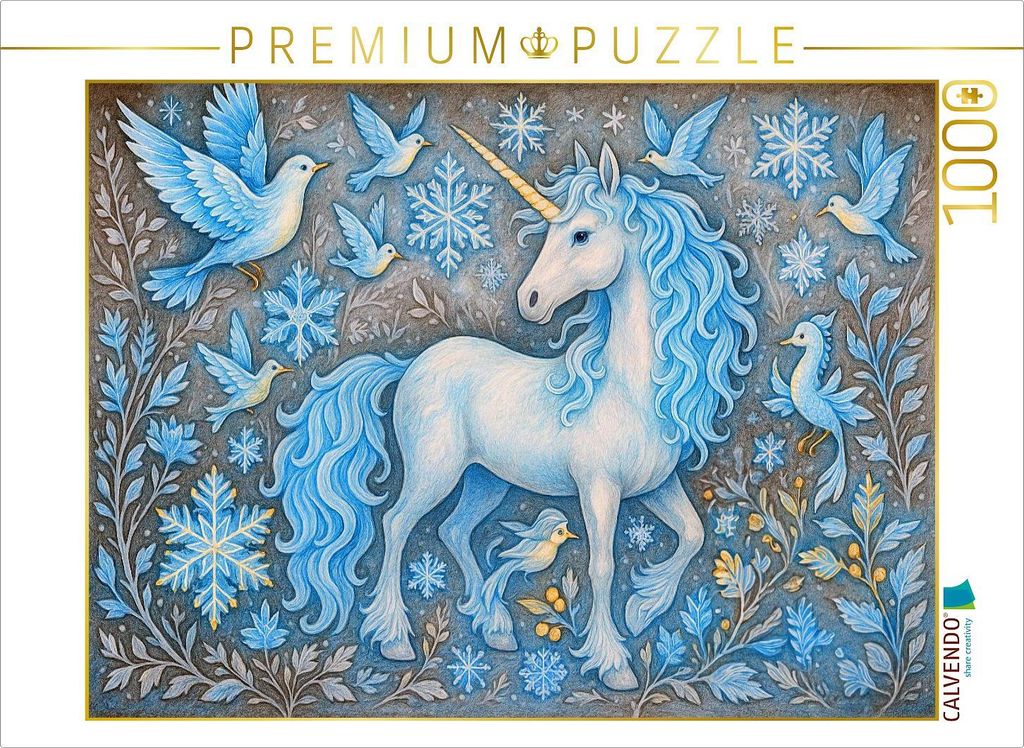 CALVENDO Puzzle Schneeeinhorn und Eiskristall-Vögel | 1000 Teile Lege-Größe 64x48cm Foto-Puzzle für glückliche Stunden