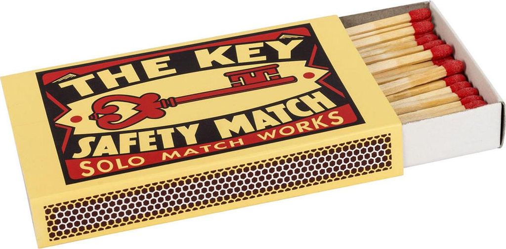 A box of safety matches with the lid partially open, showing the matches inside.