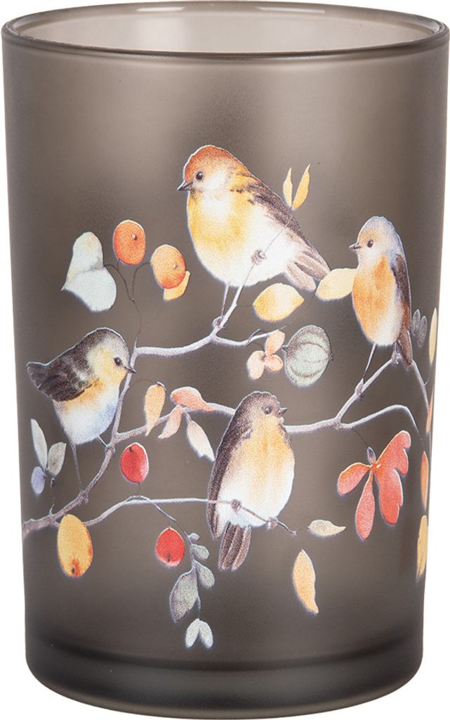 Clayre & Eef Teelichthalter Ø 12x18 cm Grau Glas Vögel auf Zweigen