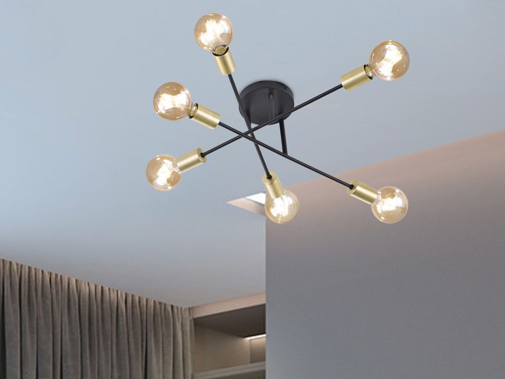 Trio Leuchten - Modern Industriedeckenlampe schwarz mit Messing 6 Leuchten - Sydney | Wohnzimmer | Schlafzimmer | Küche - Stahl Andere - LED geeignet E27