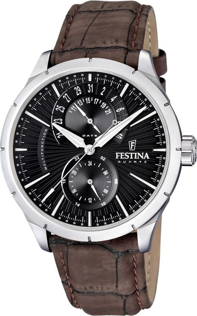 A close-up studio shot of a men's wristwatch with a black dial and a brown leather strap.