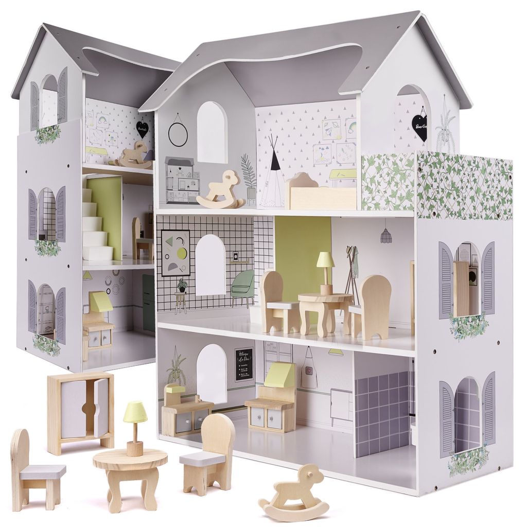 Ikonka Puppenhaus aus Holz + grau Möbel 70cm