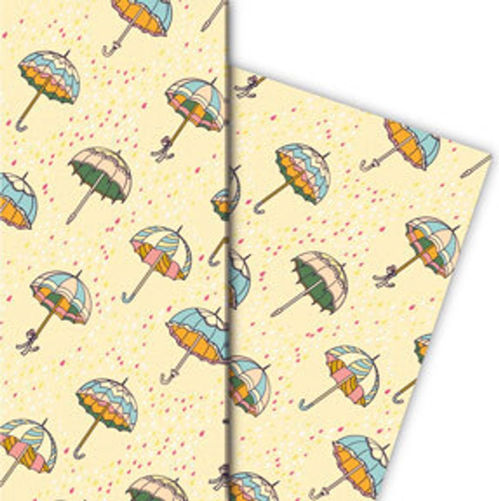 Fröhliches Herbst Regen Geschenkpapier mit fliegenden Regenschirmen, gelb - G10141, 32 x 48cm