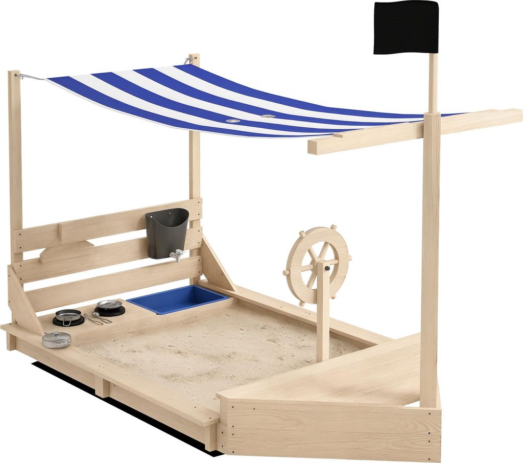 Sandkasten mit Sonnendach Piratenschiff, inkl. Kinderküchenspielset, Massivholz, 180 x 103 x 144,5 cm, Natur + Blau, Naturholz
