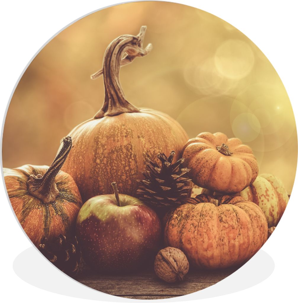 MuchoWow Rundes Wandbild - Runde Bilder Kürbis - Herbst - Tannenzapfen - Obst - Apfel Ø 90 cm Kreis Wanddekoration Kunststoff - Wandkreis - Wan...