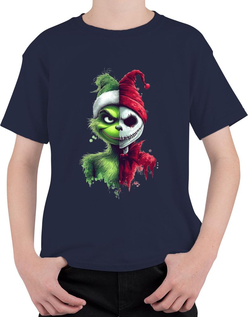 Grinch Skelett Halb Gesicht grün Weihnachten Horror düster Uni Kinder T-Shirt, Navy, 140