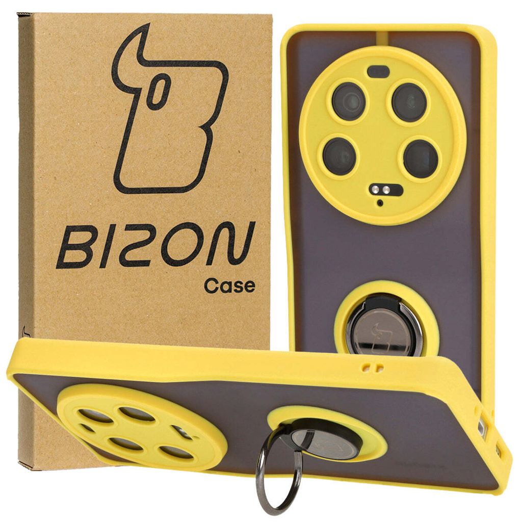 Bizon Case Hybrid Ring Fingerringhülle für Xiaomi 13 Ultra, Rauch mit gelbem Rahmen