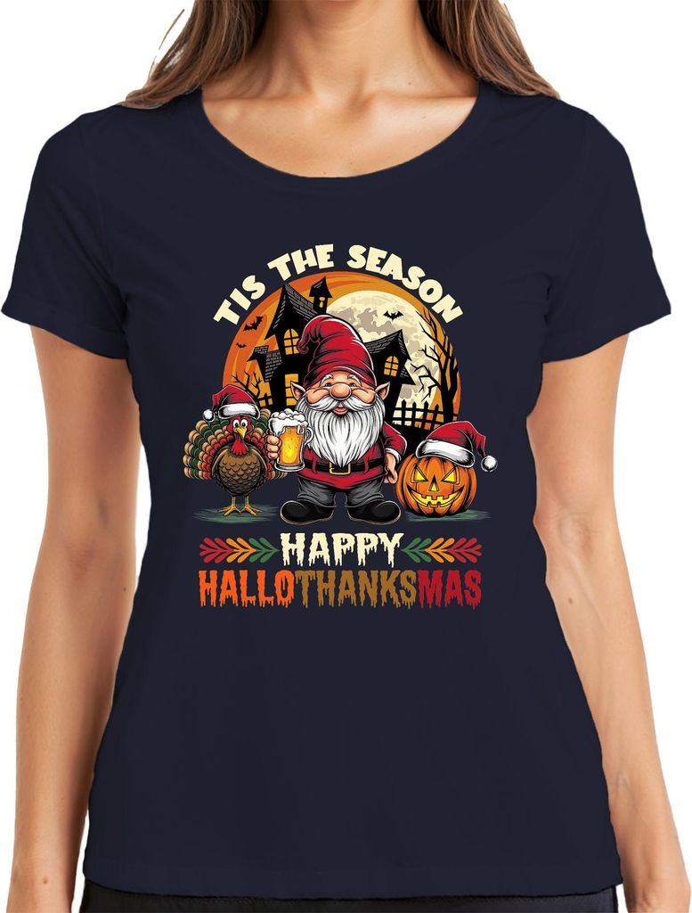 Happy Hallothanksmas Gnome Turkey Jack O Lantern Haunted Pumpkin Damen T-Shirt, Navy, XL