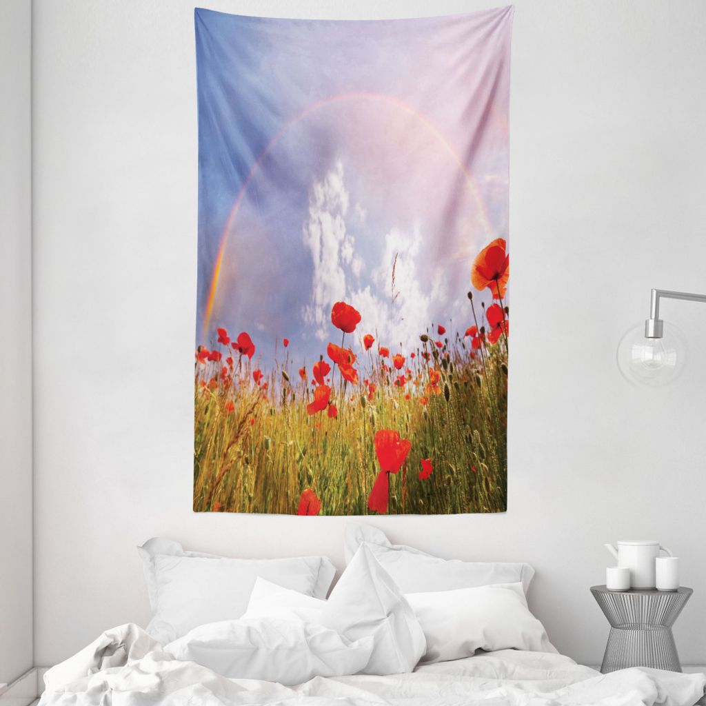 ABAKUHAUS Blumen Wandteppich und Tagesdecke, Poppy Blumen auf der Wiese aus Weiches Mikrofaser Stoff Waschbar ohne Verblassen Digitaldruck, 140 x 2...
