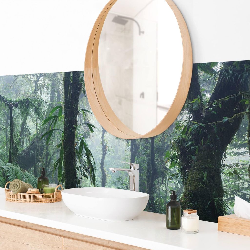 Wandverkleidung Bad Wald selbstklebend - 0.61 mm Wandpaneel matt wasserfest Dschungel grün Motiv Badrückwand fugenlos 210x60 cm