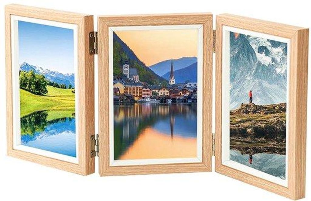 dreifachige Fotoliste, 7 Zoll Fotoliste, 180° faltsame, klappbare Holz-Fotoliste mit vertikalem Glasstander für Desktop, Familienfreund, Holzfarbe