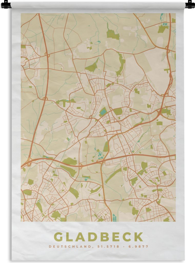 MuchoWow Wandteppich Wandbehang Gladbeck - Karte - Stadtplan - Vintage 60x90 cm Tapisserie Dekoration Wandtuch - Foto-Teppich - Abwaschbar