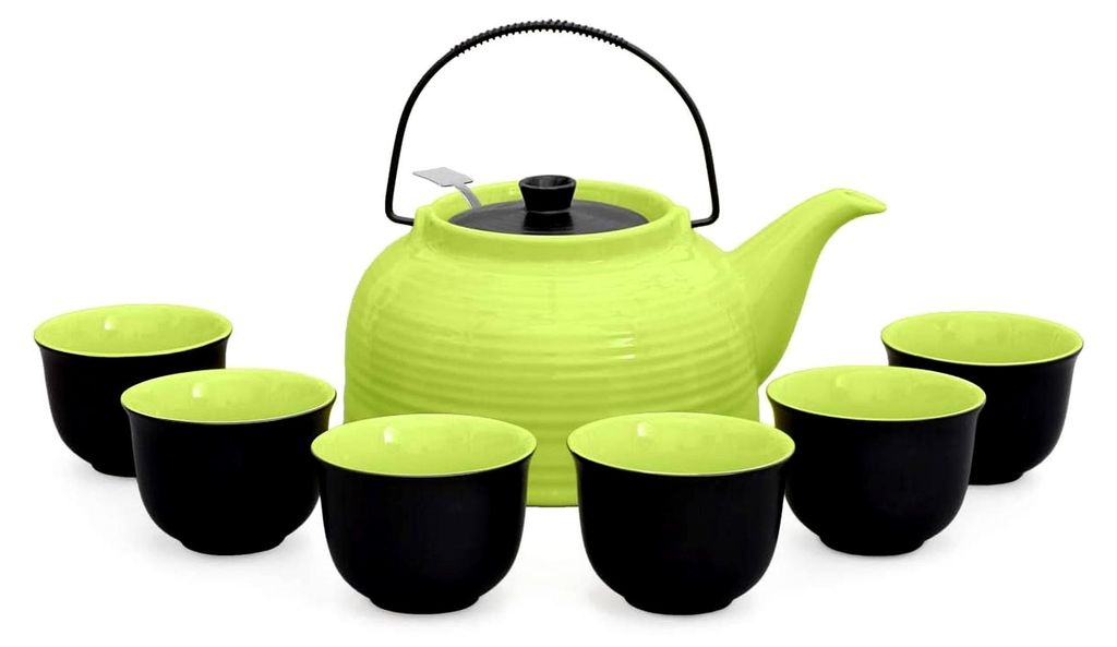 Teeservice „Nelly“. Moderne Teekanne 1,5 Liter in grün/schwarz aus hitzebeständiger Keramik mit Edelstahlfilter und 6 Teetassen 120ml in grü...