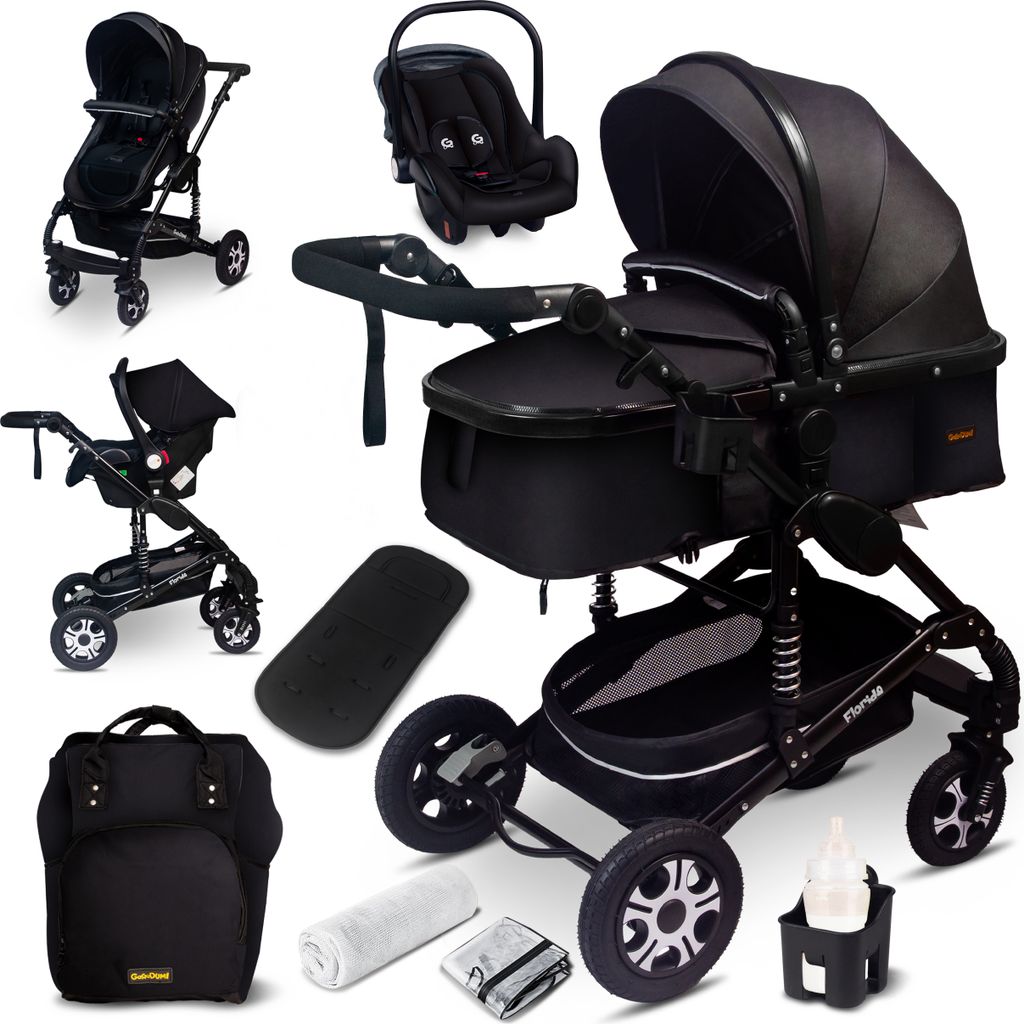 GaGaDumi Florida Kinderwagen 3 in 1 Komplettset mit Autositz - Baby Stroller - Kombikinderwagen 3 in 1 Komplettset Voll-Gummireifen - Wickeltasche