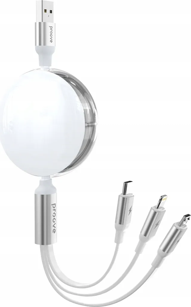 Câble USB triple sortie 3A charge rapide avec enrouleur automatique 1m20
