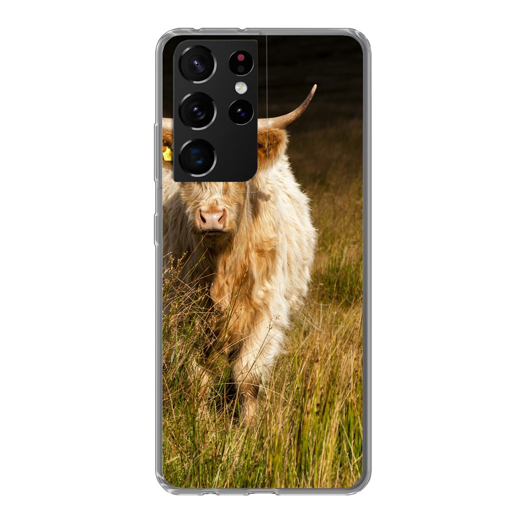 MuchoWow Handyhülle Schutzhülle Hülle für Samsung Galaxy S21 Ultra Schottische Highlander - Licht - Gras - Tiere Silikon Softcase Handy Hüll...