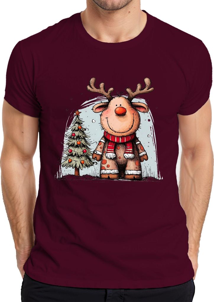 Rudolph Rentier rote Nase Weihnachten niedlich Retro Geschenk Herren T-Shirt, Burgundy, S