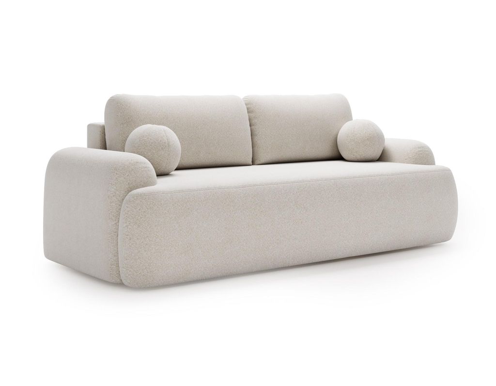 BETTSO Design Sofa CLOUDY | Bouclé / Teddy Stoff Weiß | Schlaffunktion & Wellenfederung | Inkl. Kugel-Kissen | 260 cm