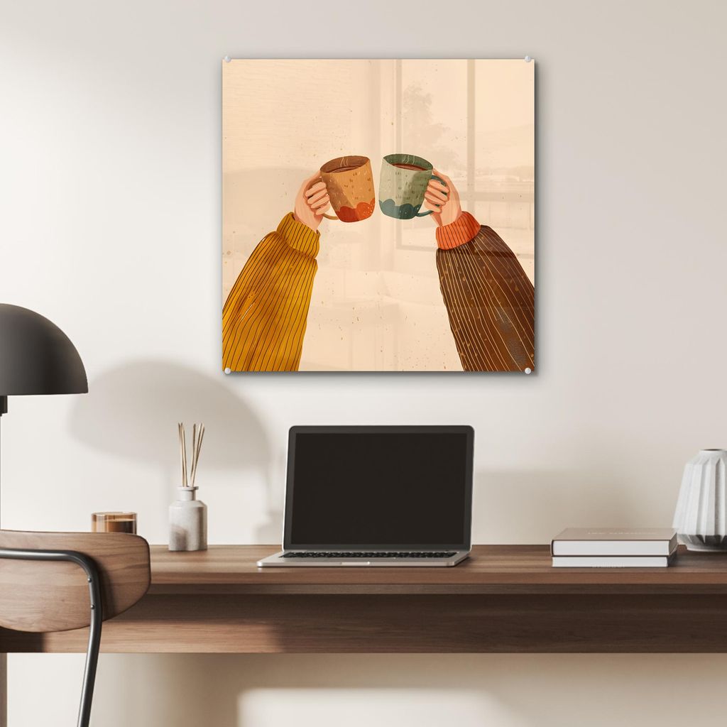 MuchoWow Glasbilder - Bilder auf Wandbild - Foto auf Glas Illustration - Becher - Prost - Braun 50x50 cm Wanddekoration aus Glas - Acrylglasbild - ...