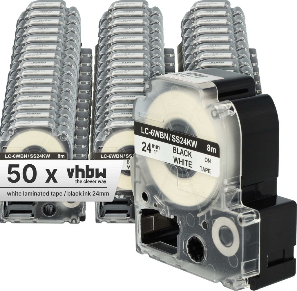vhbw 50x Schriftband-Kassette Ersatz für Epson LC-6WBN für Etiketten-Drucker 8m x 24mm Schwarz auf Weiß