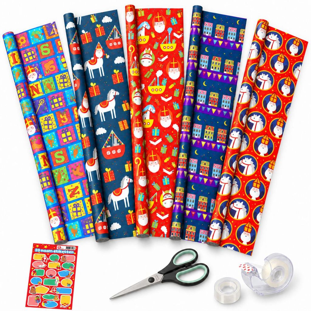 Benza – Sinterklaas Inpakpakket – 5 Rollen Cadeaupapier 70 Productafbeelding  AI-gegenereerde afbeelding