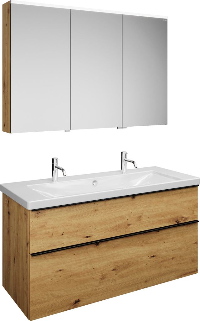 burgbad Eqio Set, bestehend aus Spiegelschrank links, Keramik-Waschtisch mit 2 Armaturbohrungen und Waschtischunterschrank, Breite 1230mm, SFAO123R...