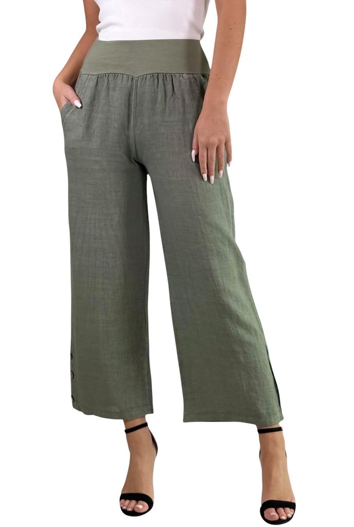 319 Mississhop Damen Leinenhose lockere Freizeithose 7 / 8 lange Hose mit drei Knöpfe 100% Leinen OLiv