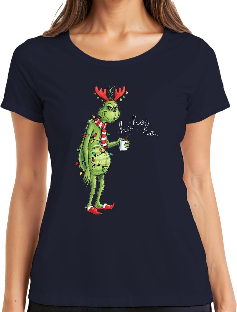 ho ho ho Grumpy Grinch Weihnachten lustig Lichterkette Rentierhörner Damen T-Shirt, Navy, M