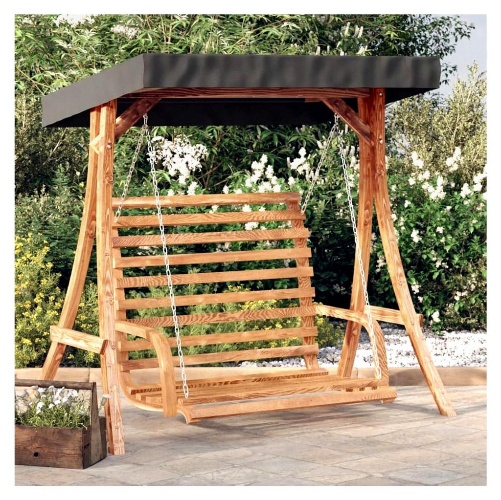 Schaukelbank aus Fichten-Massivholz mit Teakholz-Finish und Sonnendach
