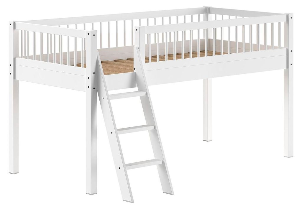 Hochbett 90x200 Keeley Buche Kinder Weiß Massivholz Leiter Stabil
