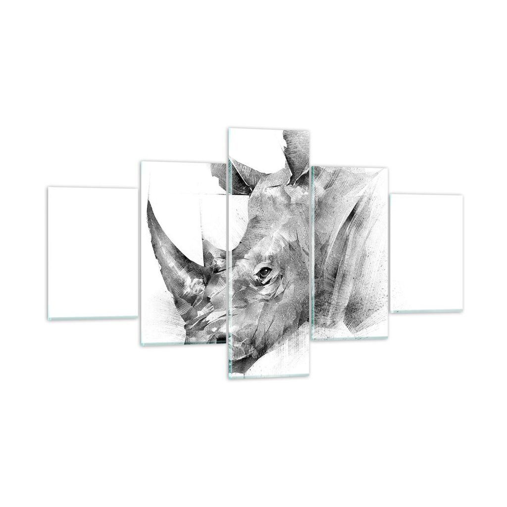 Bilder auf glas - 5 Teile - Nashorn Porträt Grafik - 125x70cm - Glasbilder - Wandbilder - Bilder - zum Aufhängen bereit - Wanddekoration aus Glas...