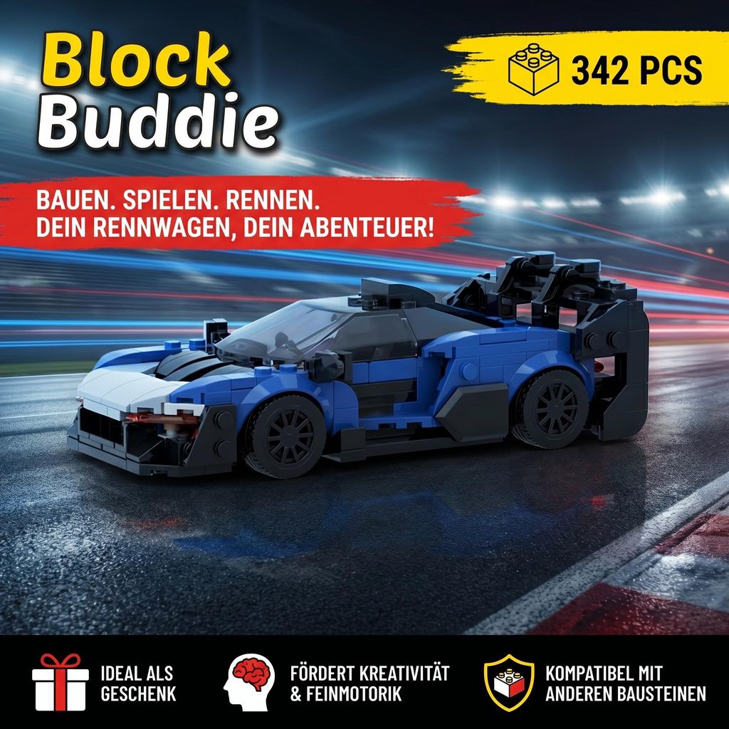 BlockBuddie™ Senna GTR Blau inspiriertes Klemmbaustein Auto Produktbild 