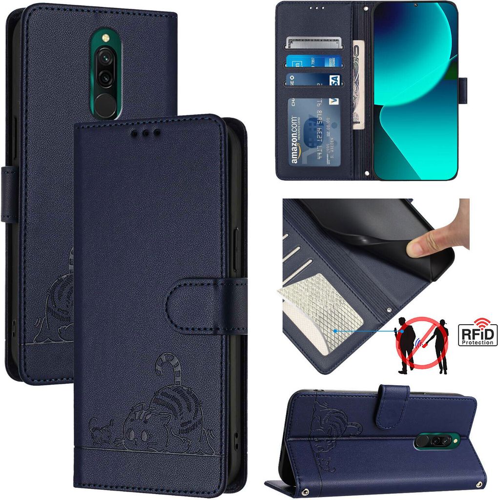 Leder Hülle für Xiaomi Redmi 8 Süße Katze Flip Case Brieftasche Schutzhülle mit Standfunktion Blau