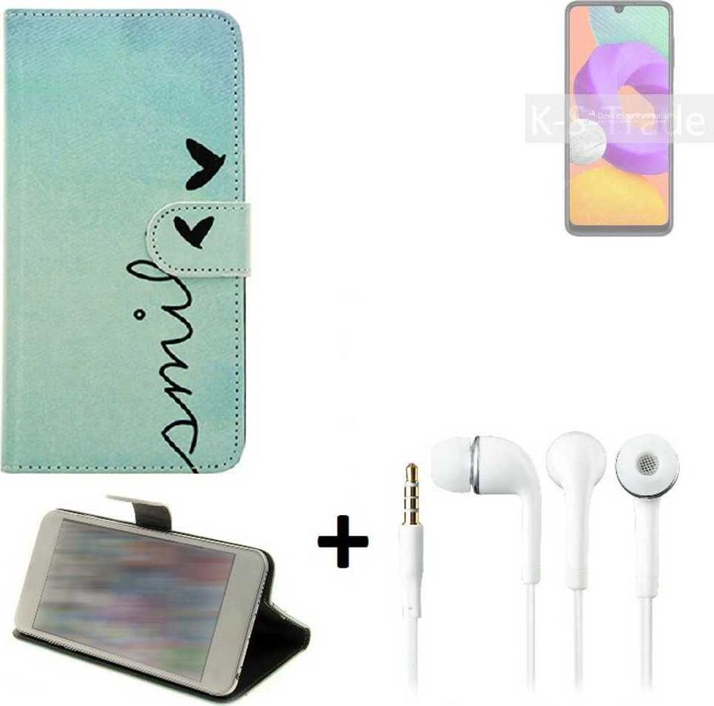 K-S-Trade Schutz Hülle Handy Hülle kompatibel mit Samsung Galaxy M22 360° Wallet Case Schutz Hülle ''smile'' inkl. Ohrstöpsel Smartphone cover