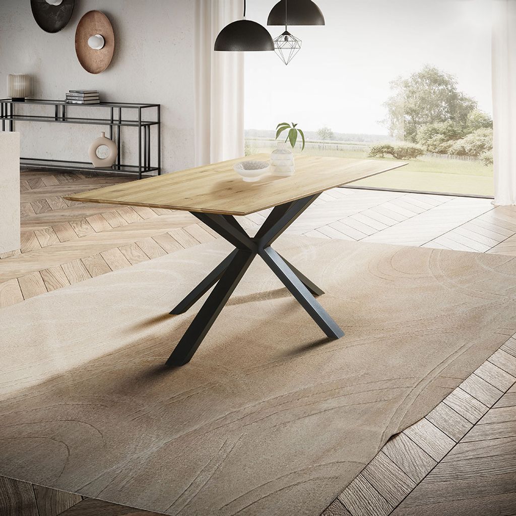 Esstisch 160x90cm mit Schweizer Kante, Wildeiche massiv geölt, Metallfußgestell, TISDALE-69