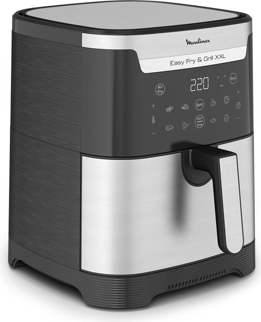 A studio shot of a black and silver air fryer.