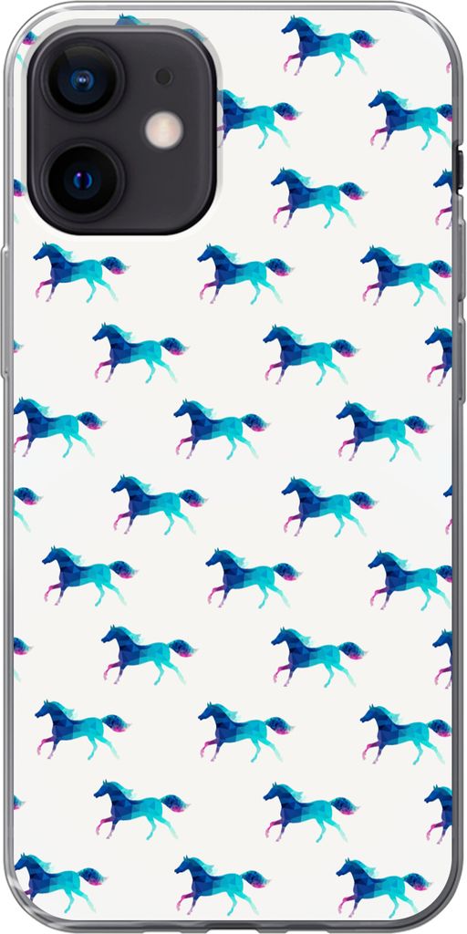 MuchoWow Handyhülle Schutzhülle Hülle für Telefoonhoesje iPhone 12 Mädchen - Pferde - Kristall - Muster - Mädchen - Blau - Kinder - Kind Si...