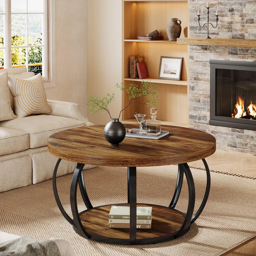 Table d'appoint canapé bois 80cm, table basse ronde pour petit salon