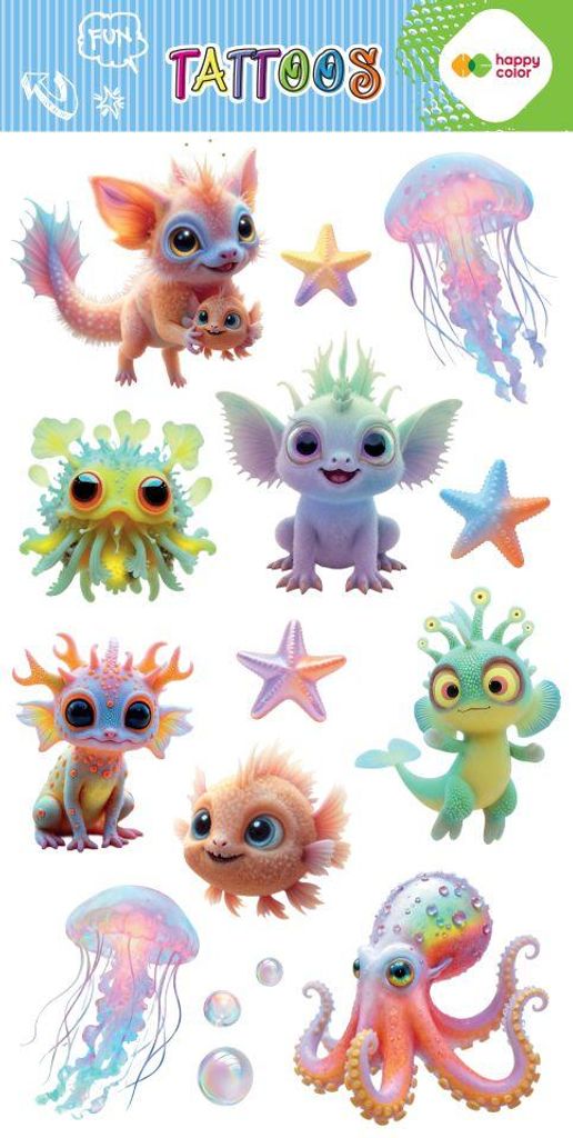 Abwaschbare Tattoos, 10 x 20 cm, Aqua Cuties Happy Color