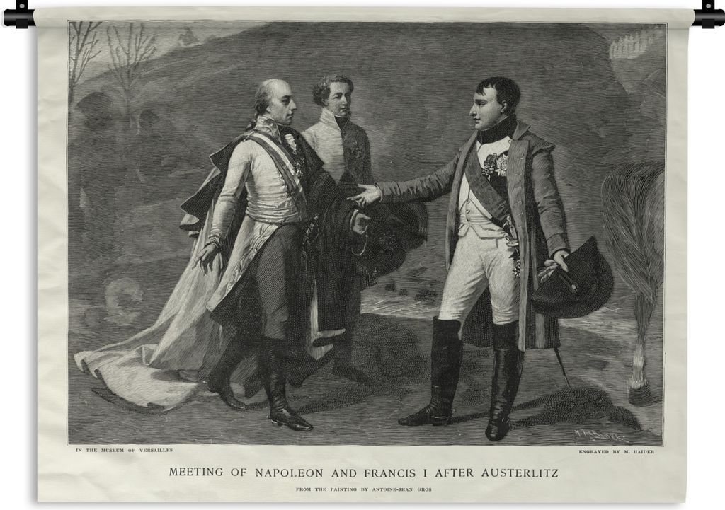 MuchoWow Wandteppich Wandbehang Illustration von Napoleon Bonaparte mit zwei Männern in Schwarz und Weiß 90x67.5 cm Tapisserie Dekoration Wandt...